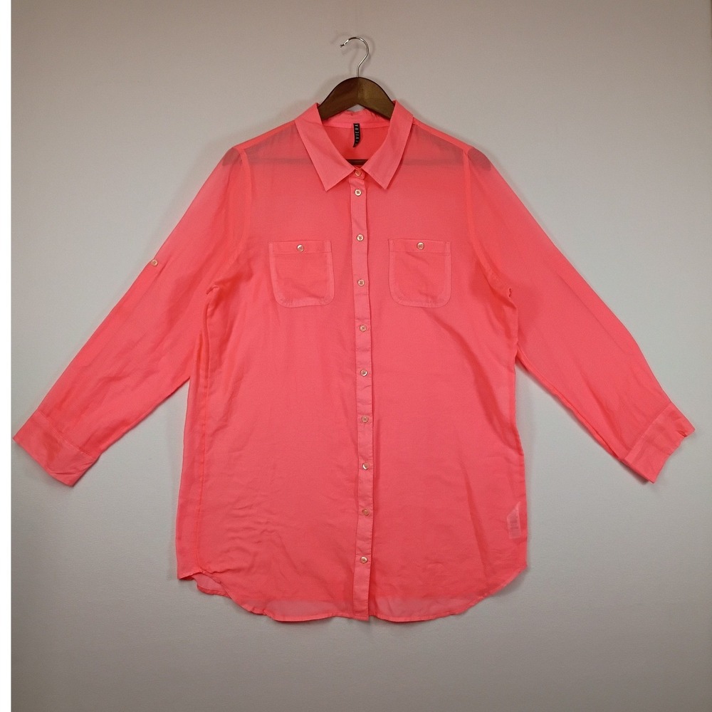 Neoncore BHS Riviera Womens 16 Pink Button Down Roll Tab Sleeve Sheer Shirt